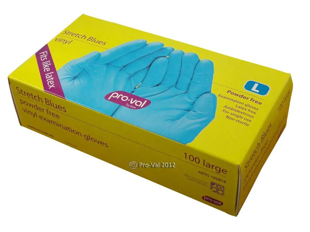 Pro Val Stretch Blues PF Vinyl Examination Glove (Box 100)