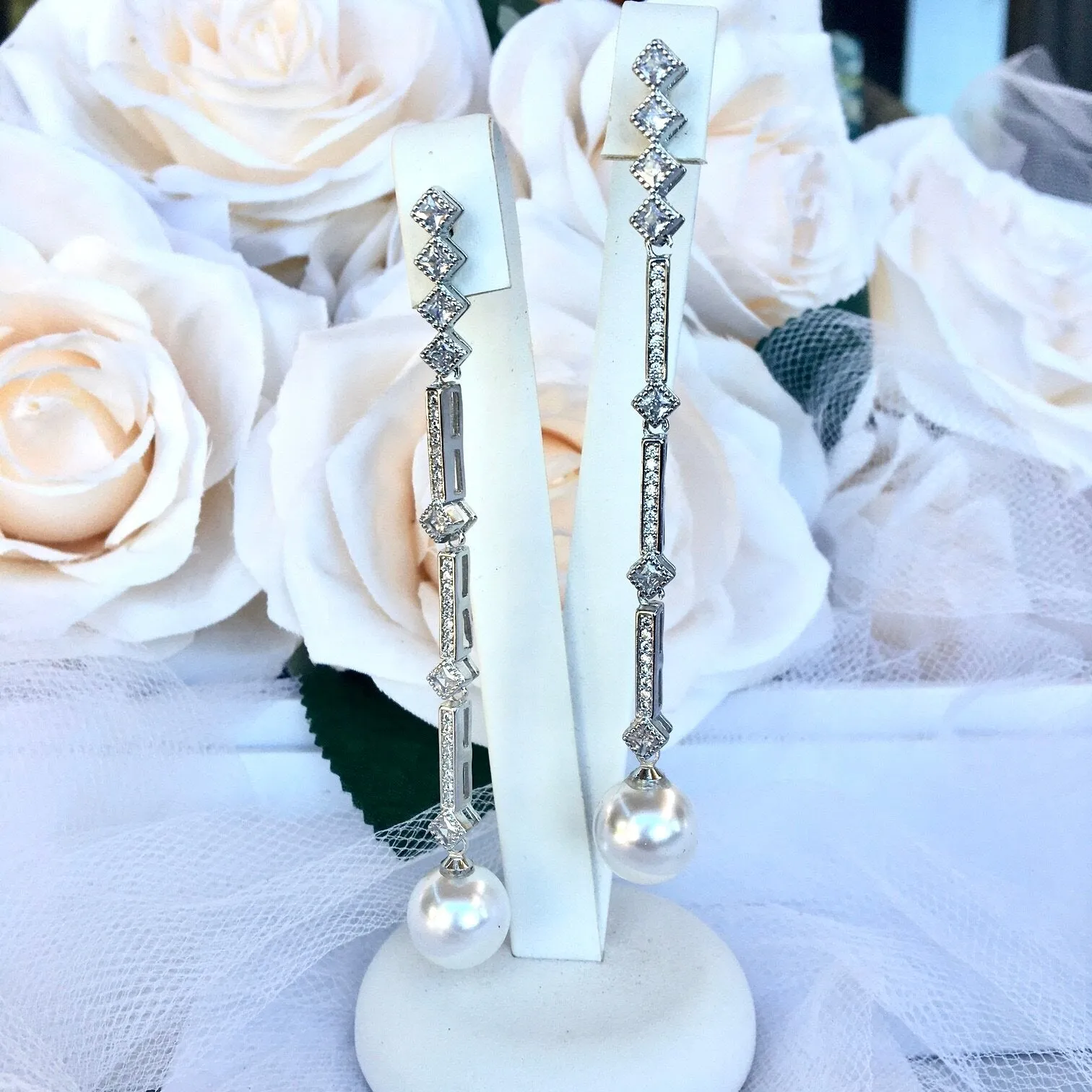 "Irina" - Art Deco Pearl and CZ Bridal Earrings