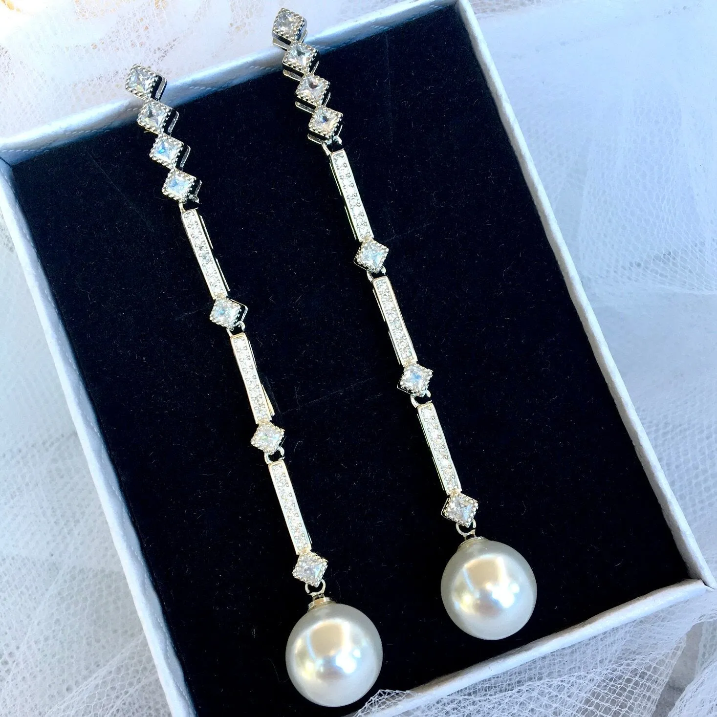 "Irina" - Art Deco Pearl and CZ Bridal Earrings