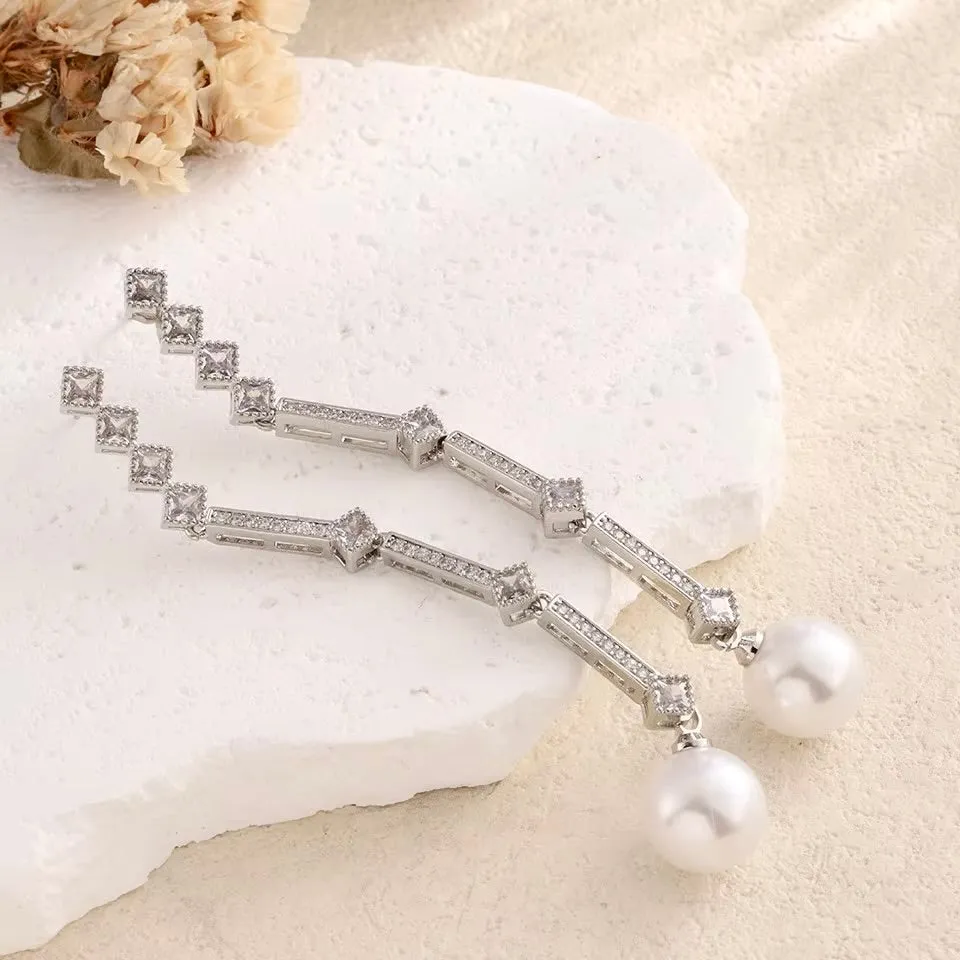 "Irina" - Art Deco Pearl and CZ Bridal Earrings