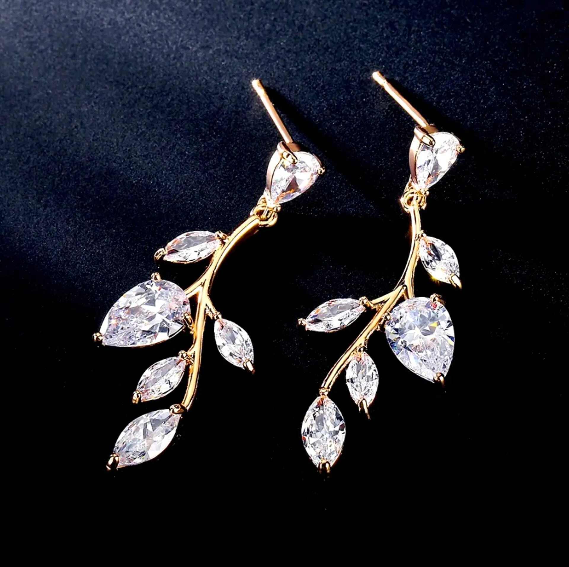 "Irma" - Cubic Zirconia Vine Bridal Earrings - Available in Gold and Silver