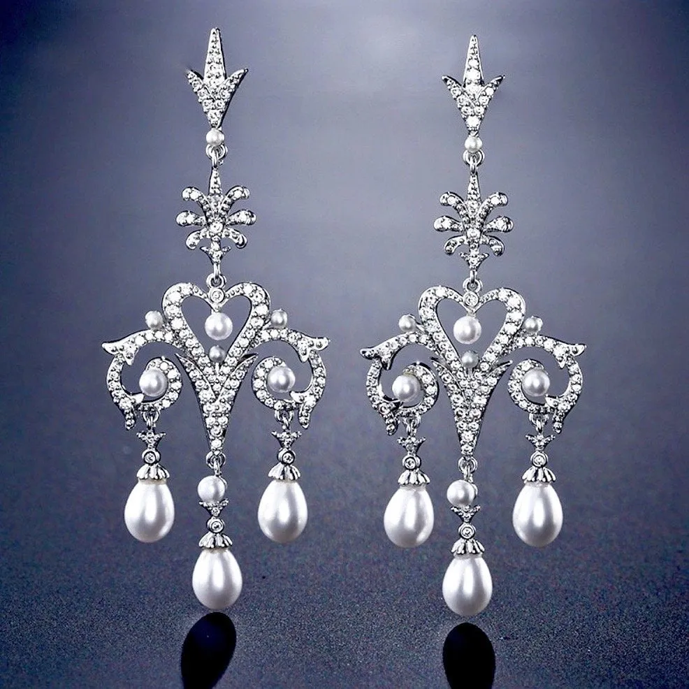 "Kacy" - Pearl and Cubic Zirconia Bridal Earrings