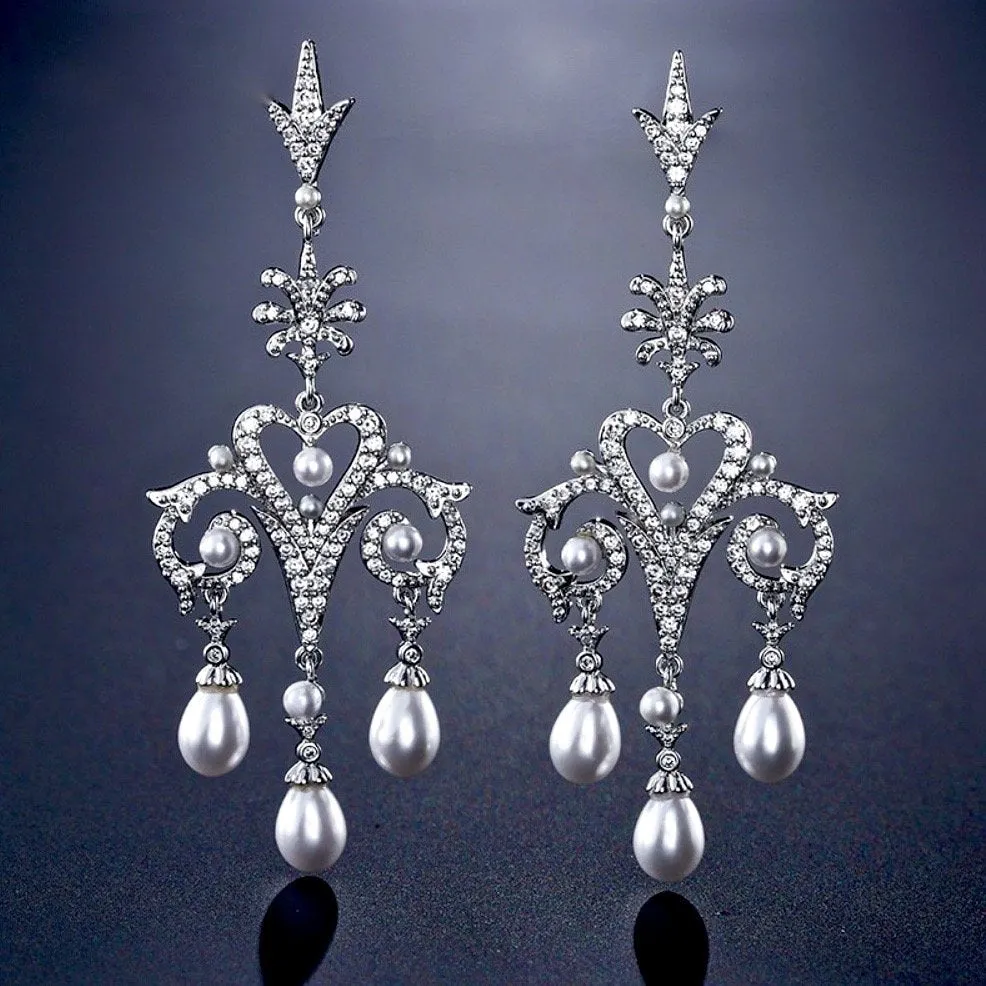 "Kacy" - Pearl and Cubic Zirconia Bridal Earrings