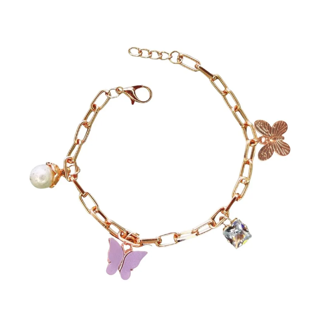 "Rack Jack Rose Gold Plated Charms Bracelet Butterfly Pearl Diamond Adjustable Free Size | Birthday Gift for Girls and Women Anniversary Gift for Wife - Purple "