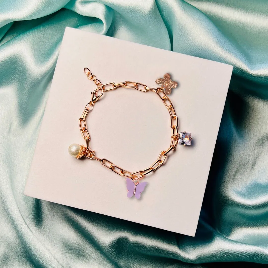 "Rack Jack Rose Gold Plated Charms Bracelet Butterfly Pearl Diamond Adjustable Free Size | Birthday Gift for Girls and Women Anniversary Gift for Wife - Purple "