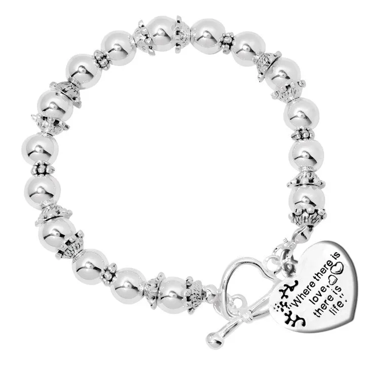 "Where there is love, there is life" Heart Charm Silver Beaded Bracelets