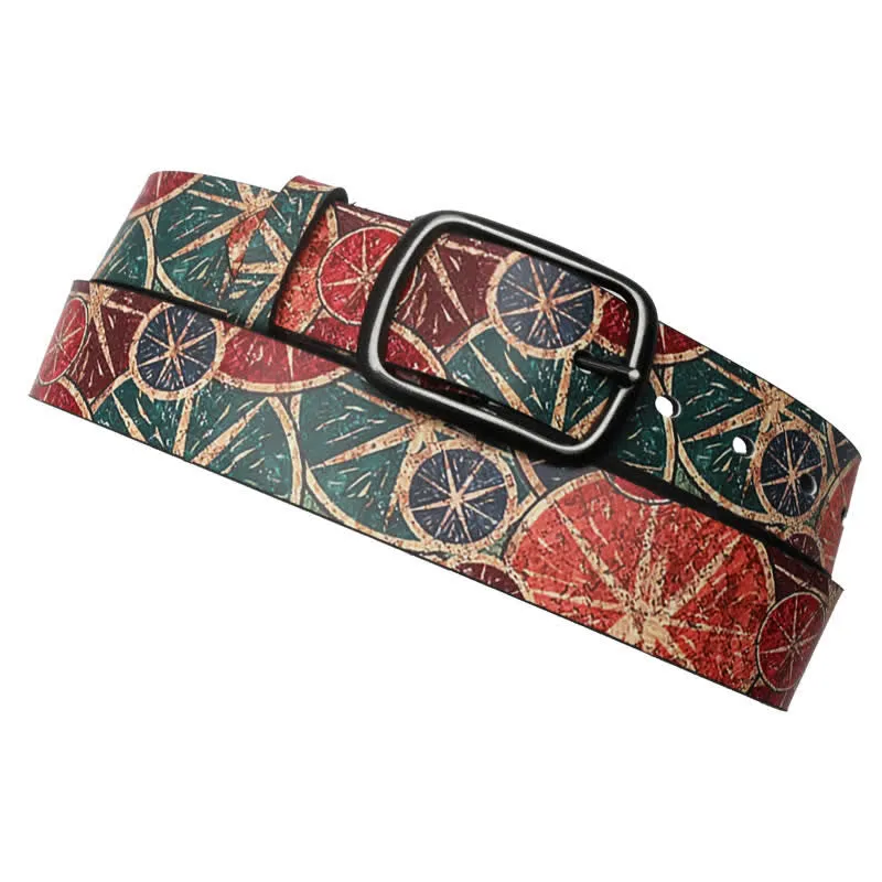 Retro Green & Orange Lemon Printed Leather Belt