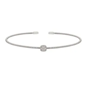 Rhodium Finish Sterling Silver Single Cable Cuff Bracelet with Rhodium Finish Simulated Diamonds