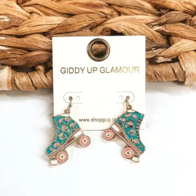 Rink Trips Gold Tone Floral Rollerskate Drop Earrings in Turquoise