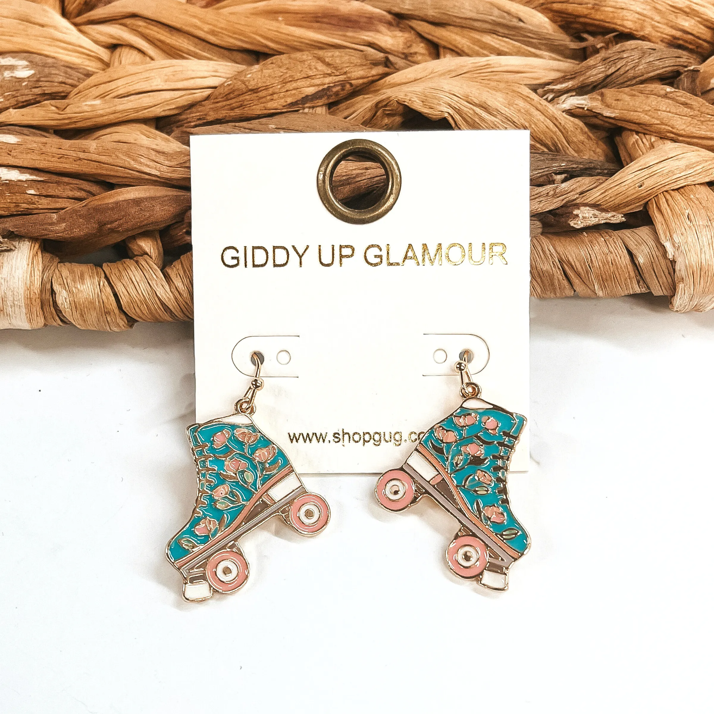 Rink Trips Gold Tone Floral Rollerskate Drop Earrings in Turquoise