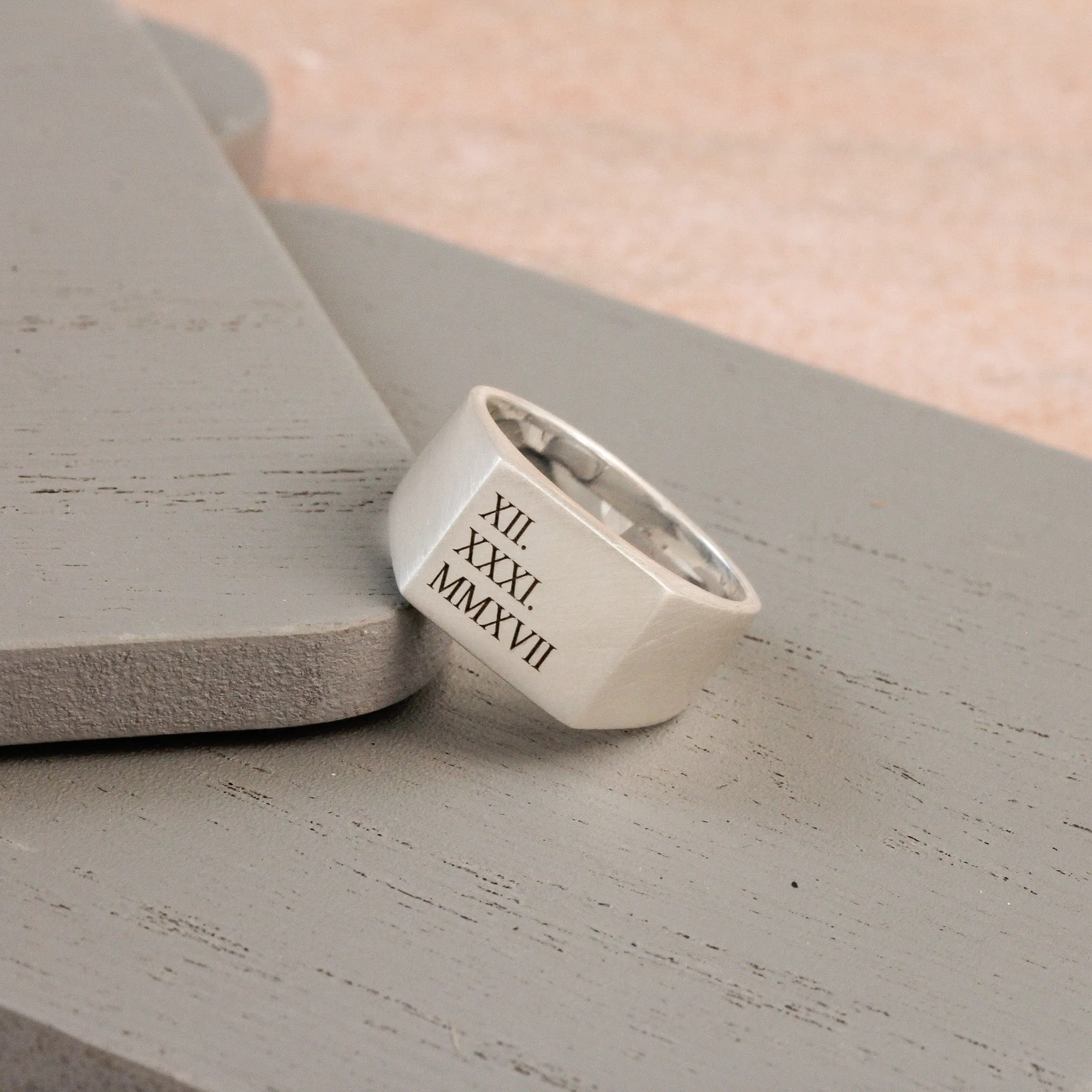 Roman Numerals Large Square Silver Signet Ring