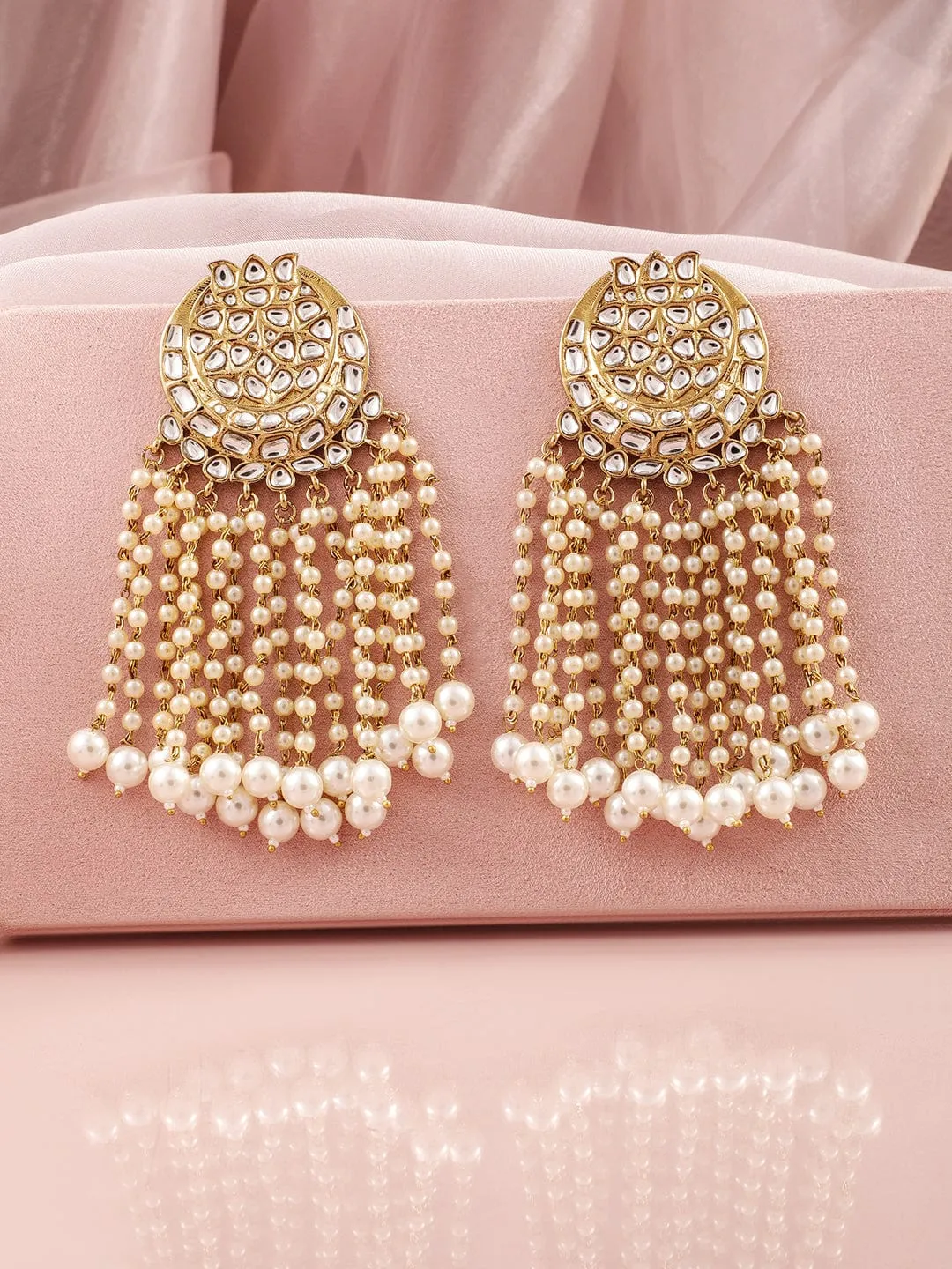 Rubans 18K Mehandi Gold-Plated Kundan Studded & Pearl Beaded Multilayer Chandlier Earrings