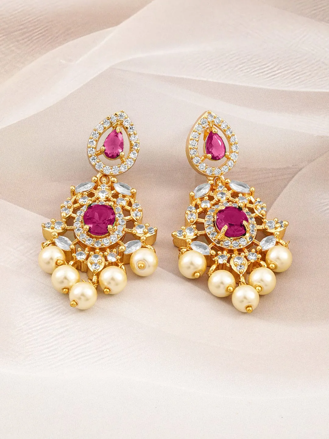 Rubans 22 Kt Gold-Plated Ruby Pink & Cubic Zirconia Studded Chandelier with Pearl Drops