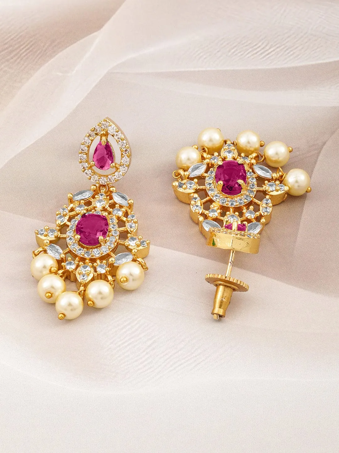 Rubans 22 Kt Gold-Plated Ruby Pink & Cubic Zirconia Studded Chandelier with Pearl Drops