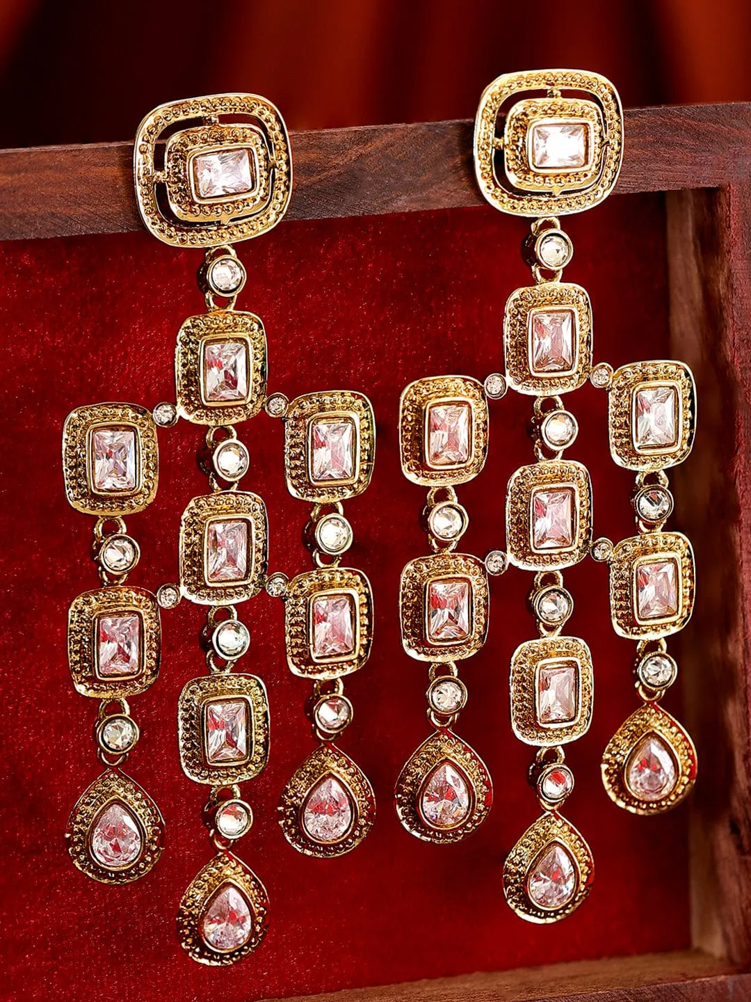 Rubans 22K Antique Gold Plated Zirconia Studded Chandelier Earrings