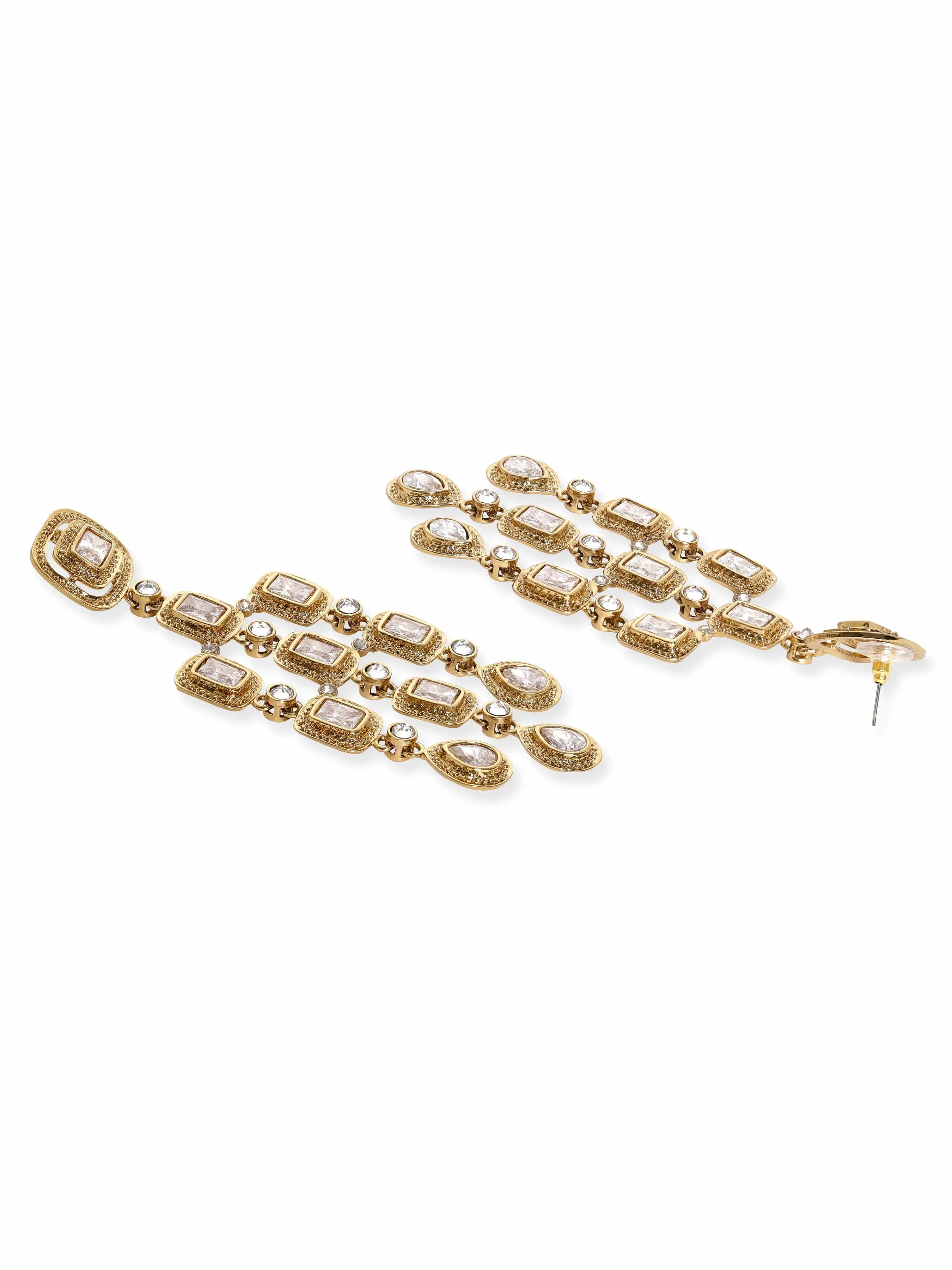 Rubans 22K Antique Gold Plated Zirconia Studded Chandelier Earrings