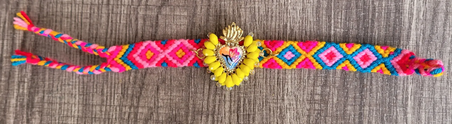 Sacred heart/painted hummingbird & embroidered strap bracelet