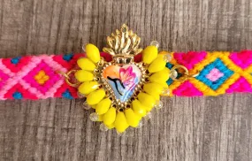 Sacred heart/painted hummingbird & embroidered strap bracelet