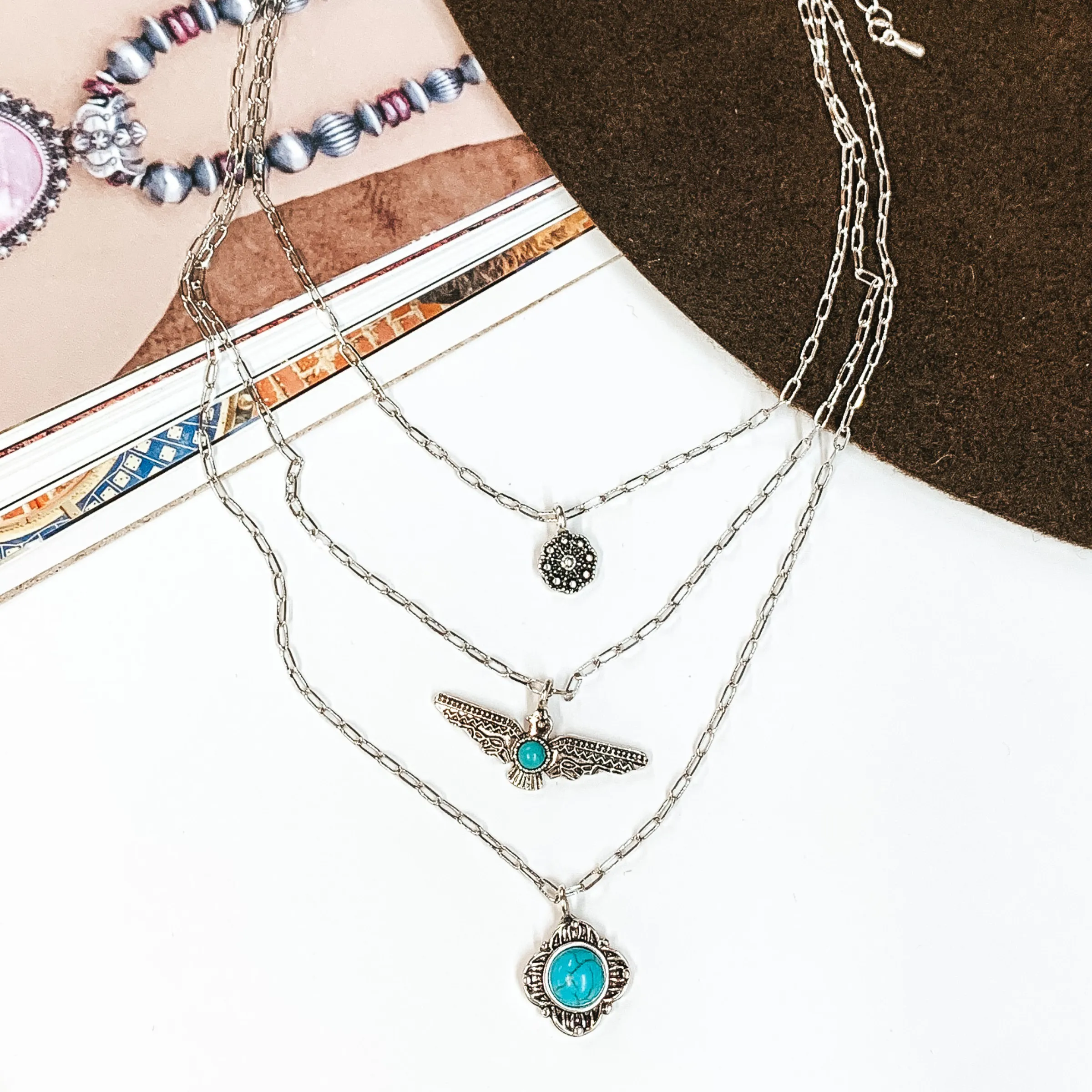 Set Me Free Three Layered Silver Necklace with Thunderbird Pendant and Turquoise Stones