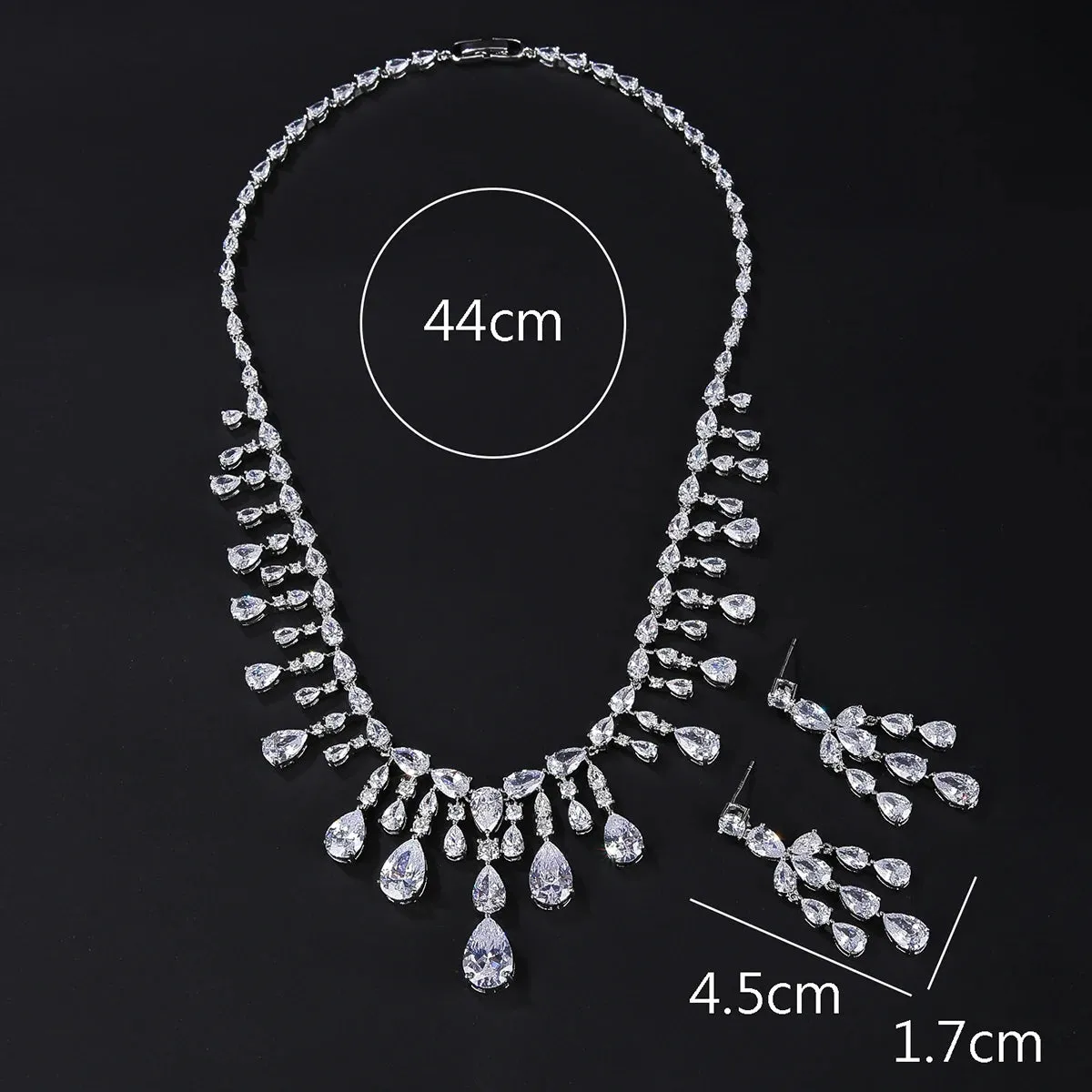 Silver Color Cubic Zirconia Bridal Party Wedding Necklace Earrings Jewelry Set