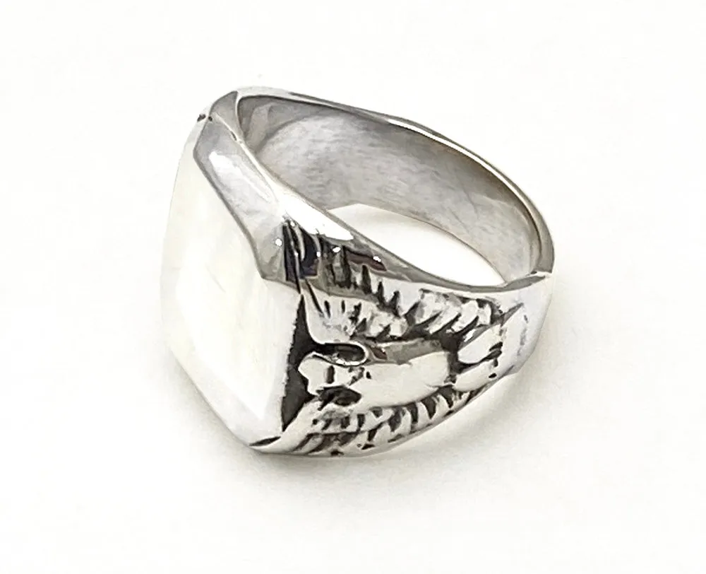 Silver Cushion Shape Signet Ring with Eagles