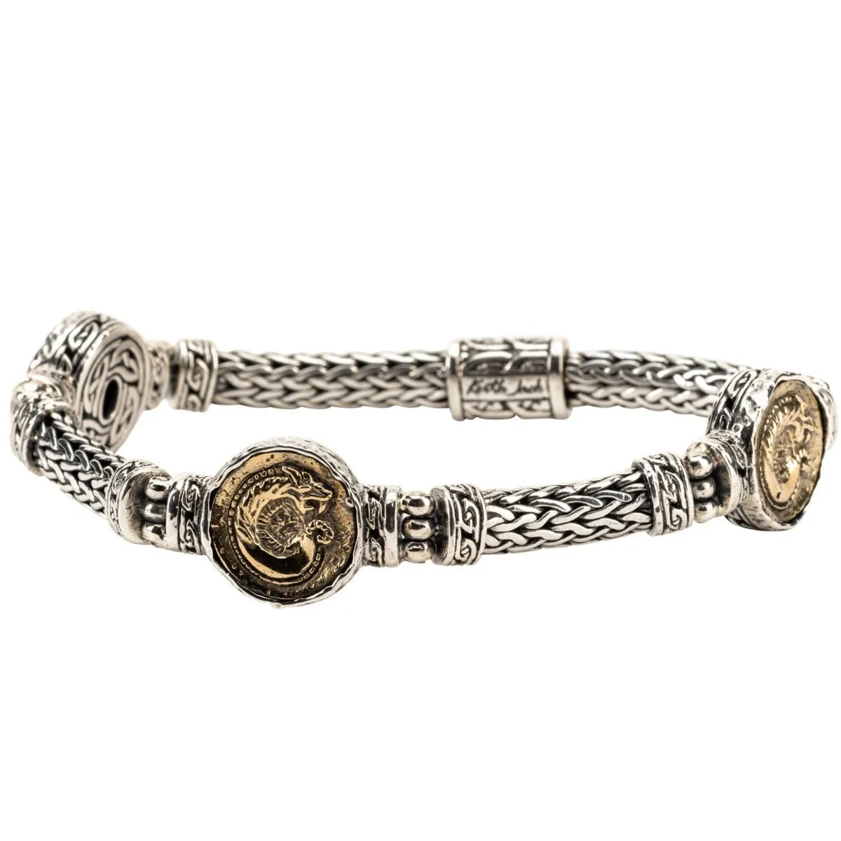 Silver or Silver and Bronze Dragon Coin Woven Bracelet -