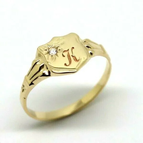 Size K 9ct Yellow Gold Cubic Zirconia Shield Signet Ring -Letter K