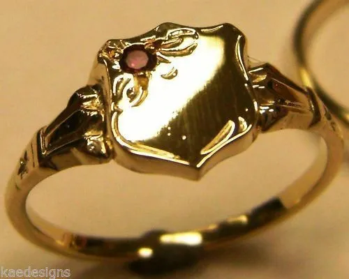 Size K Genuine 9ct Small Yellow, Rose or White Gold Childs Ruby Shield Signet Ring