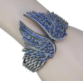 SK2554 Wings Heart Bangle Imitation Blue Diamonds Stainless Steel Heavy Metal Jewelry