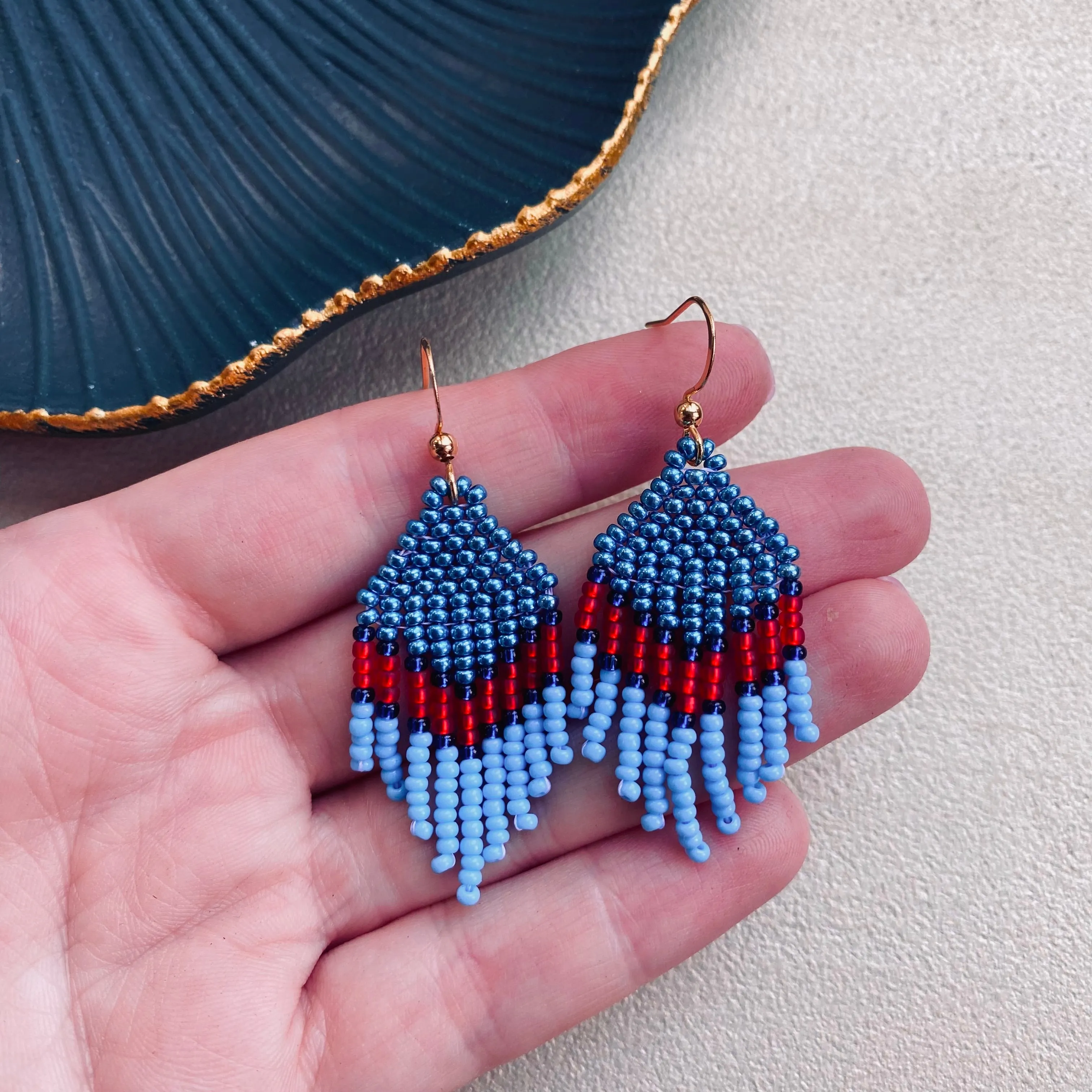 Small Fringe Blue Red Seed Beaded Earrings for Women. Dainty Chandelier Earrings with short fringe. Unique cute earrings in Boho Hippie style.