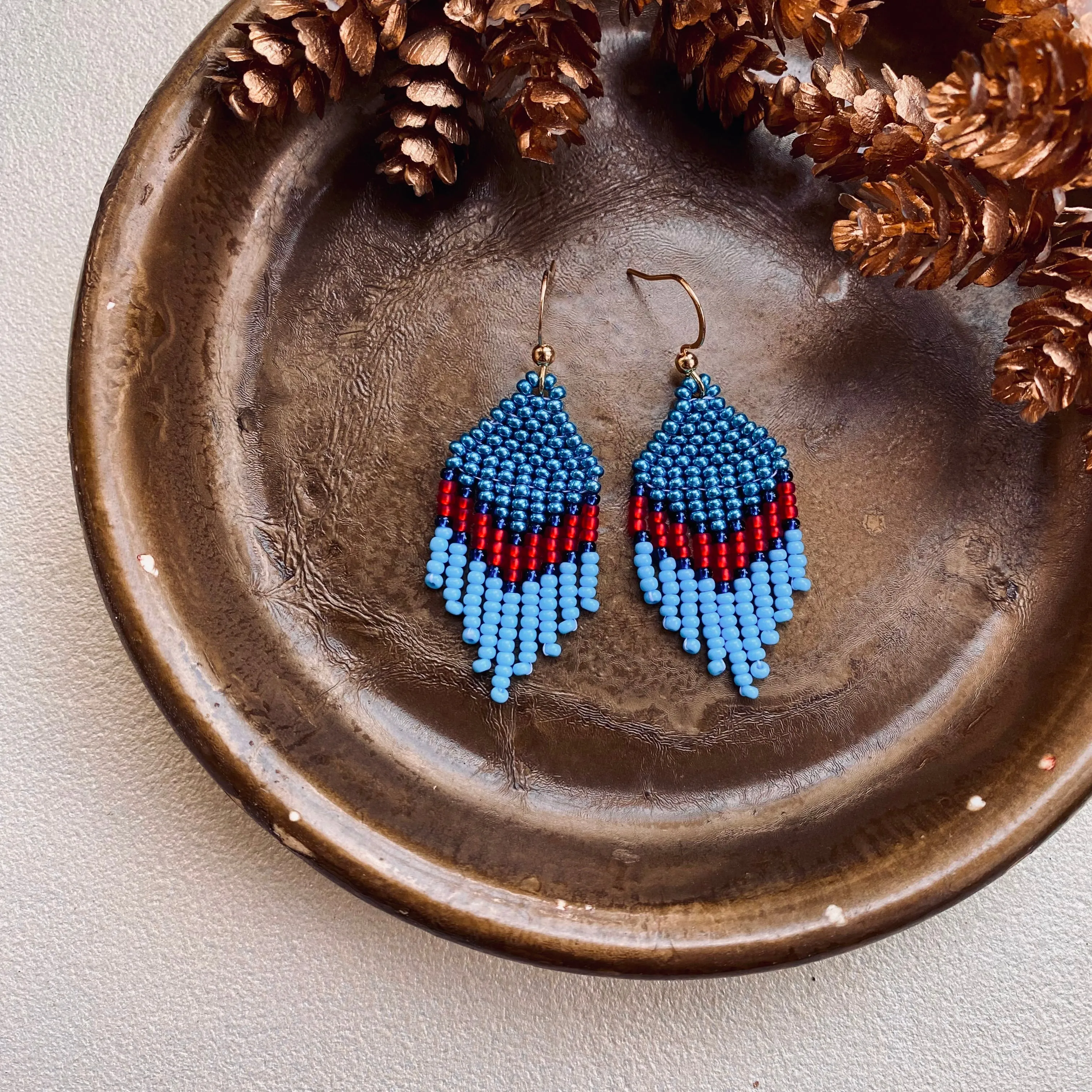 Small Fringe Blue Red Seed Beaded Earrings for Women. Dainty Chandelier Earrings with short fringe. Unique cute earrings in Boho Hippie style.