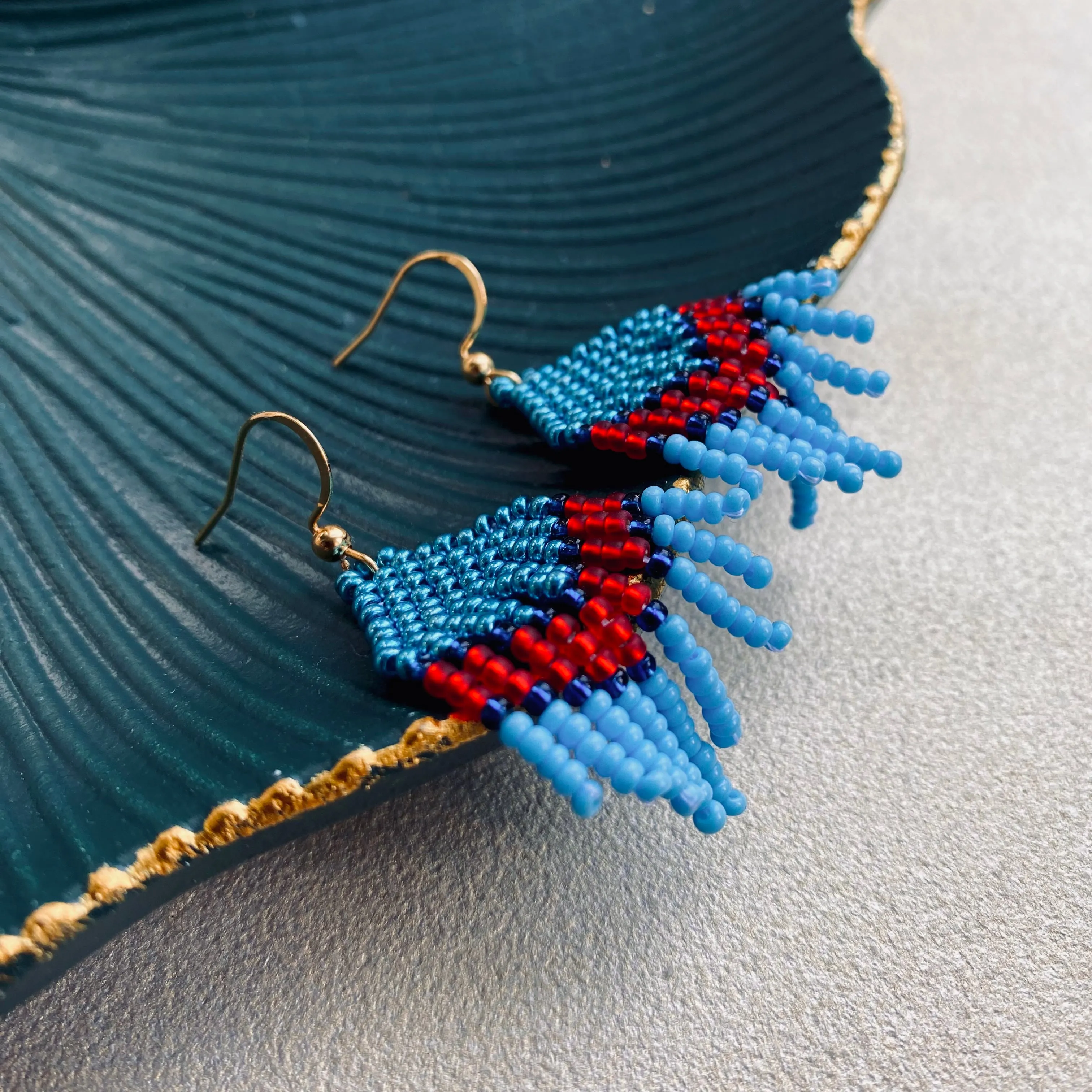 Small Fringe Blue Red Seed Beaded Earrings for Women. Dainty Chandelier Earrings with short fringe. Unique cute earrings in Boho Hippie style.