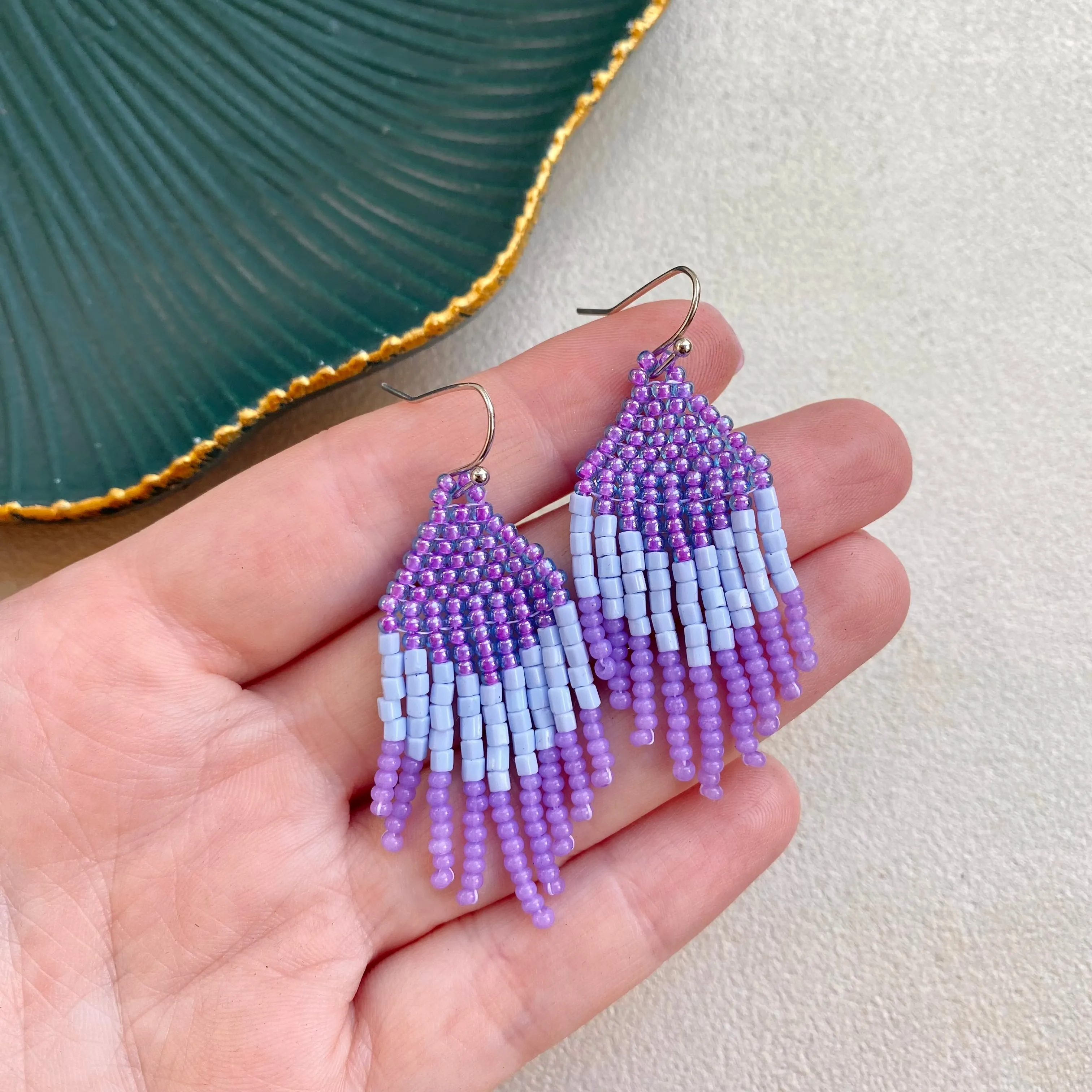 Small Fringe Purple Blue Seed Bead Earrings, Short Chandelier Earrings for Women, Unique cute earrings. Dainty Earrings in Boho Hippie style.