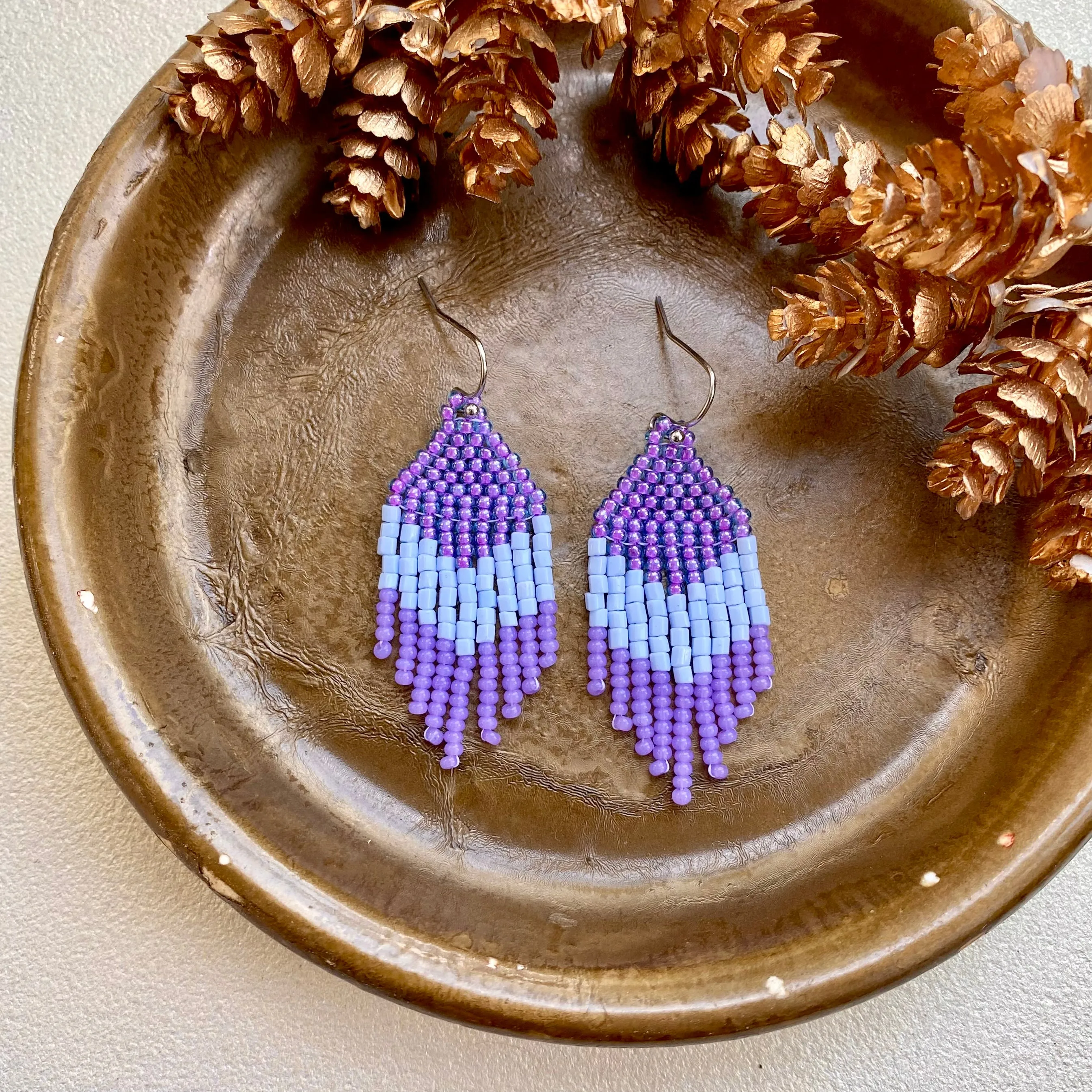 Small Fringe Purple Blue Seed Bead Earrings, Short Chandelier Earrings for Women, Unique cute earrings. Dainty Earrings in Boho Hippie style.