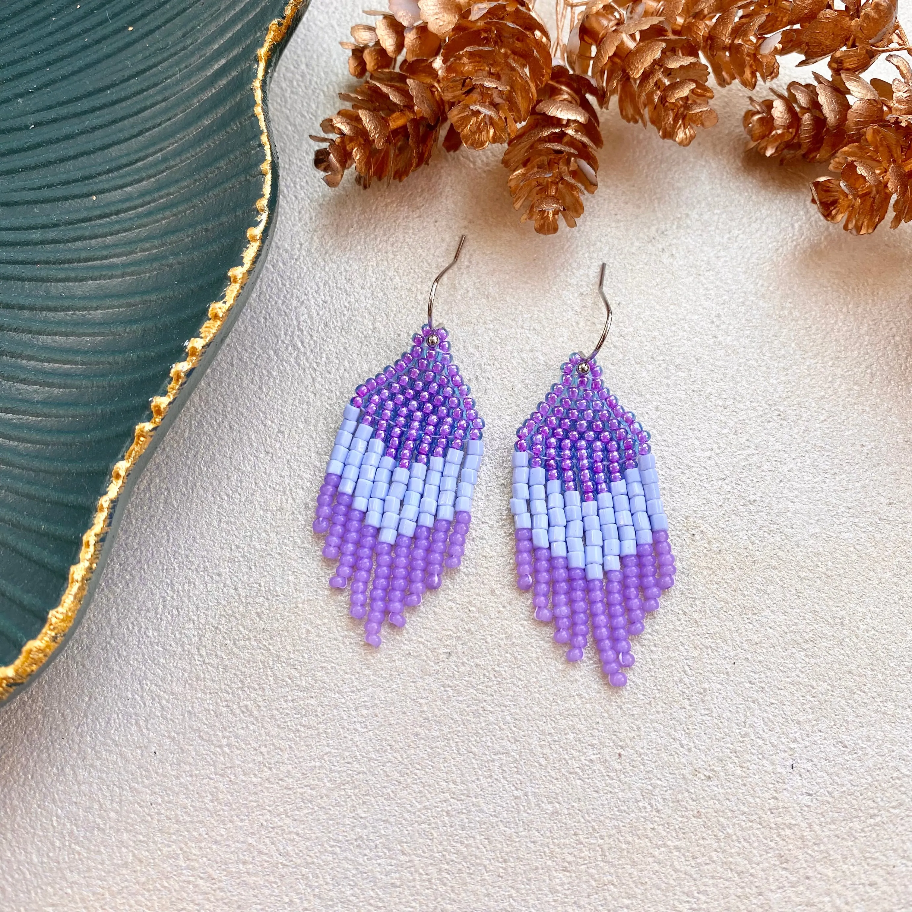 Small Fringe Purple Blue Seed Bead Earrings, Short Chandelier Earrings for Women, Unique cute earrings. Dainty Earrings in Boho Hippie style.