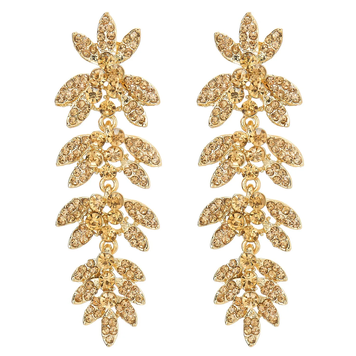 Sparkle Prom Dress Long Dangle Champagne Rhinestone Leaves Cluster Chandelier Statement Earring Gold