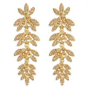 Sparkle Prom Dress Long Dangle Champagne Rhinestone Leaves Cluster Chandelier Statement Earring Gold