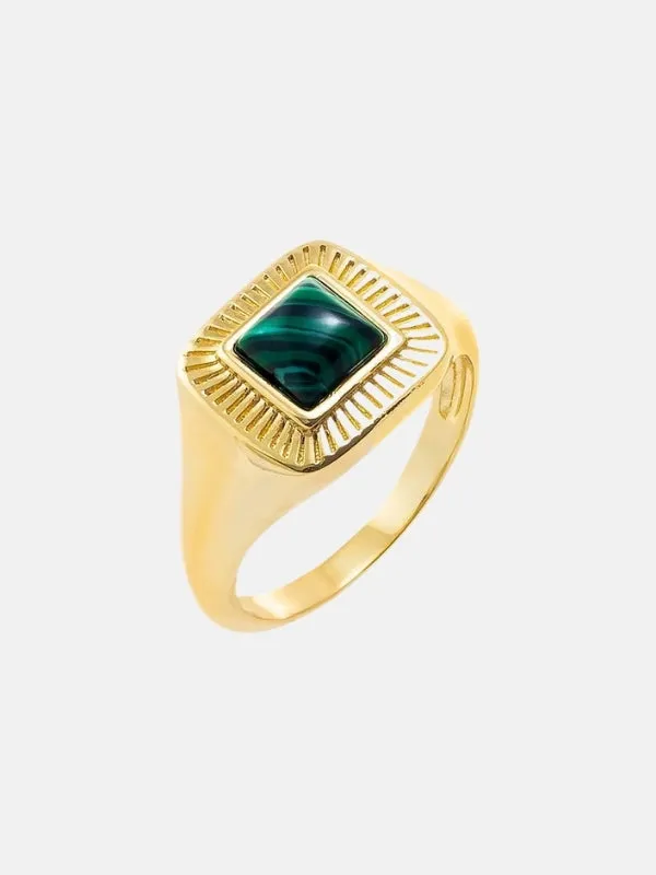 Square Colored Stone Ridged Signet Pinky Ring