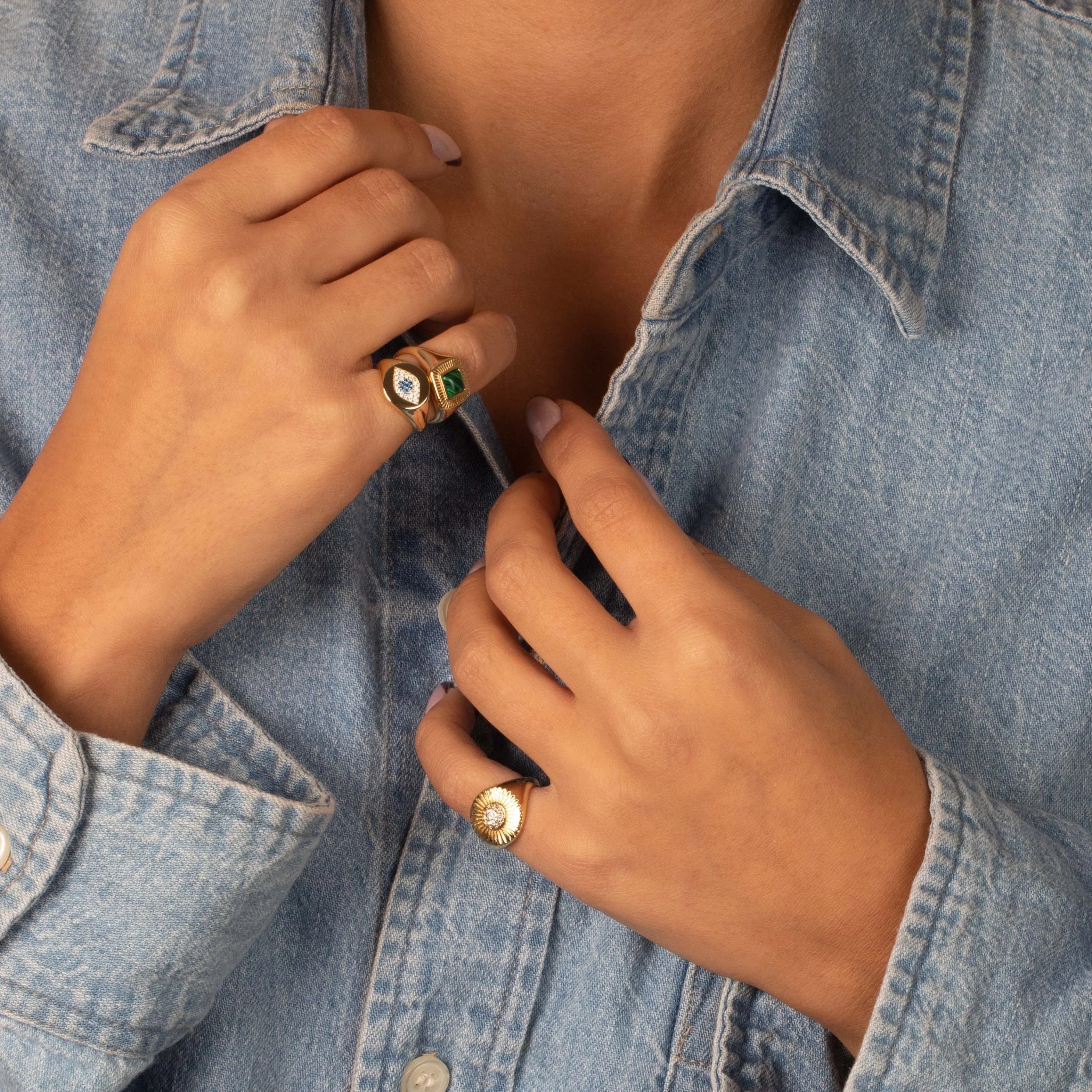 Square Colored Stone Ridged Signet Pinky Ring