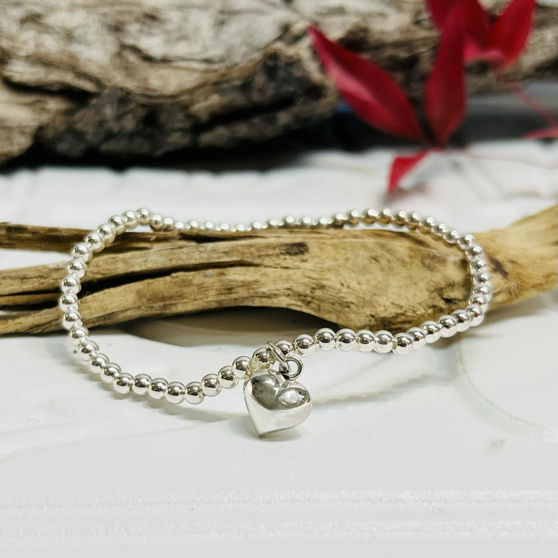 Sterling Silver Ball bracelet With Hanging Heart