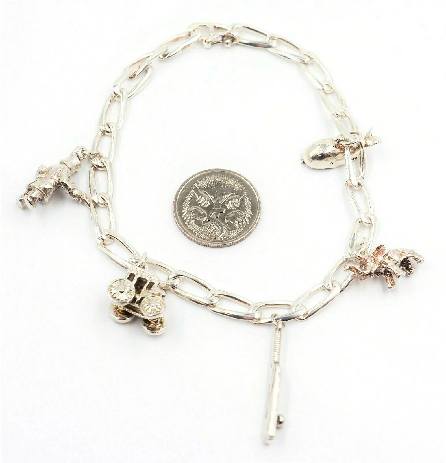 Sterling Silver Charm Bracelet with Five Charms Length 21cm Traditional Style