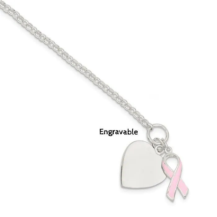 Sterling Silver Engravable Heart and Pink Ribbon Charm Toggle Bracelet