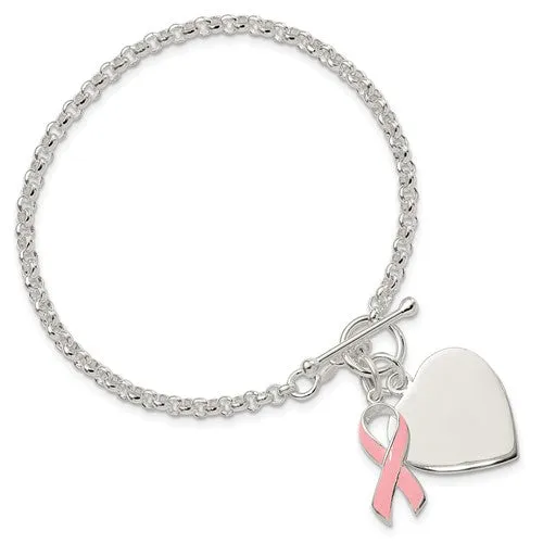 Sterling Silver Engravable Heart and Pink Ribbon Charm Toggle Bracelet