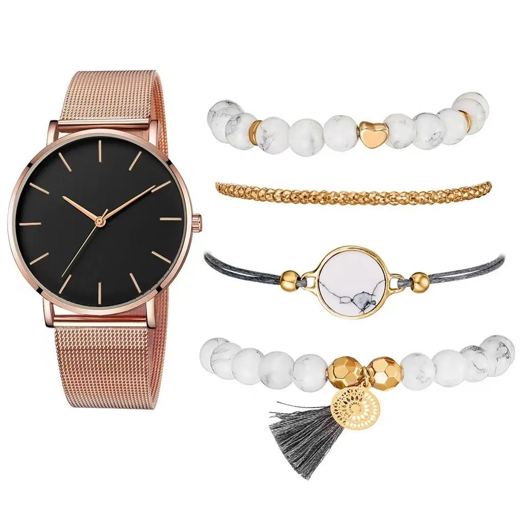 Stone Gold Plain Wrist Watch with Bracelet - Set of 5