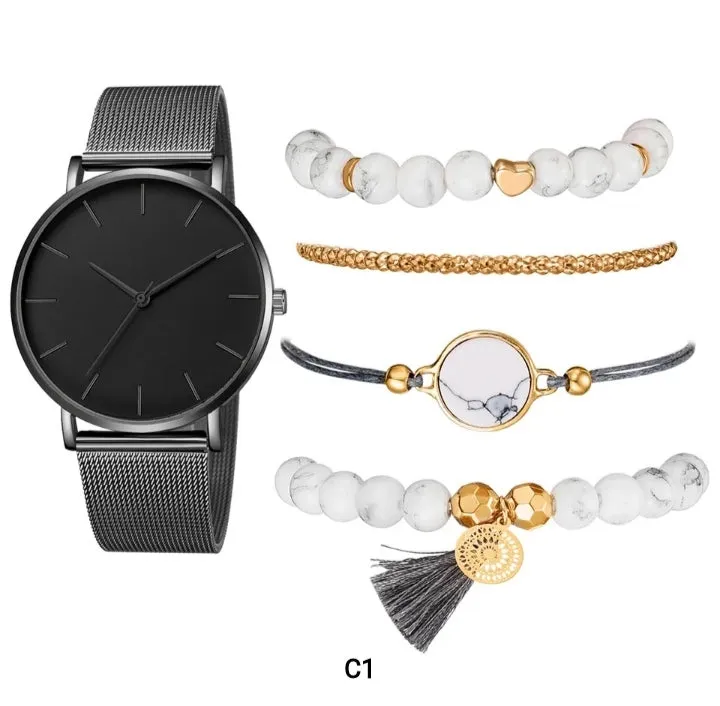 Stone Gold Plain Wrist Watch with Bracelet - Set of 5