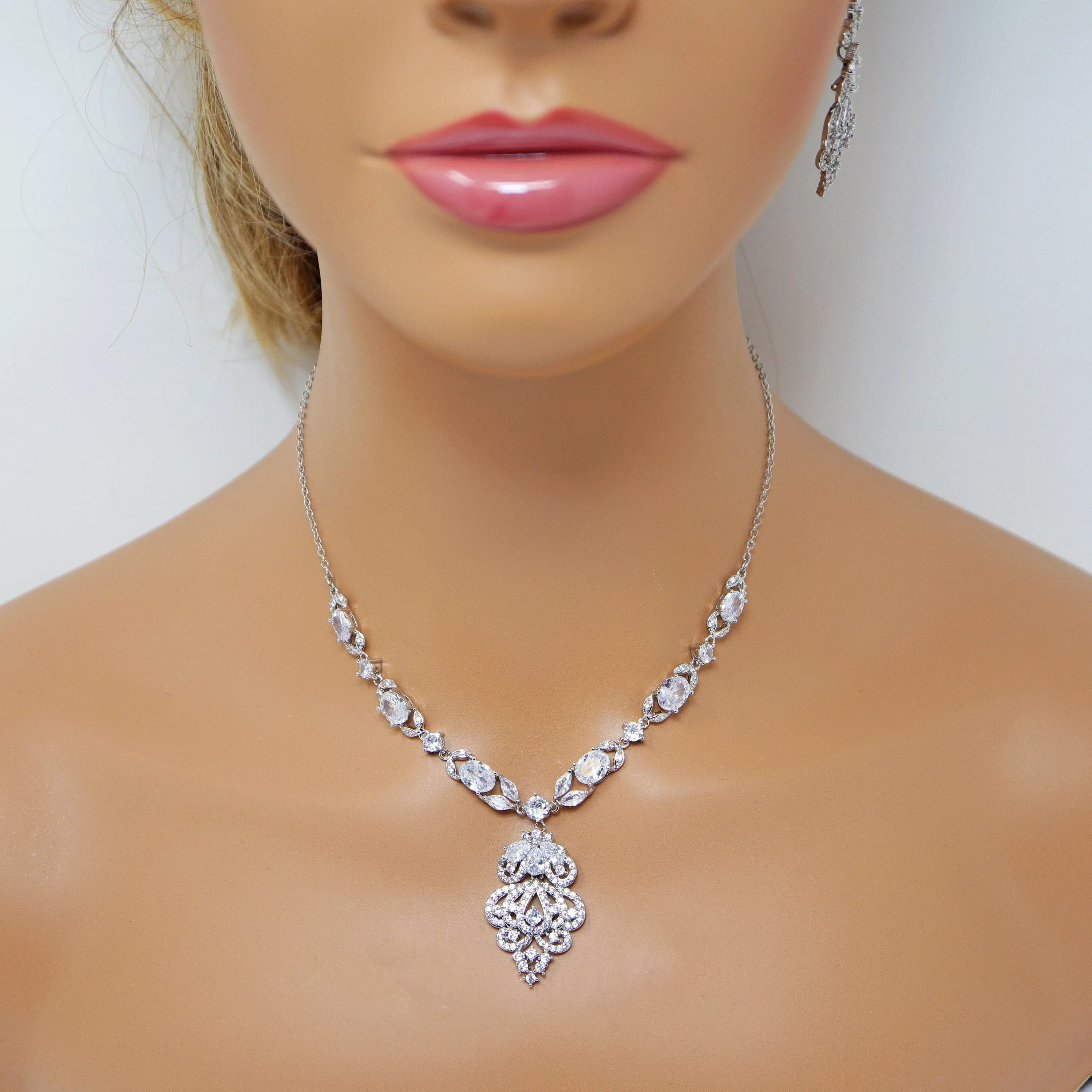 Swarovski Crystal Chandelier Charisma Necklace Set , Long Bridal Jewelry, Bridal Earrings And Necklace, Statement Earrings Cz Necklace Set.