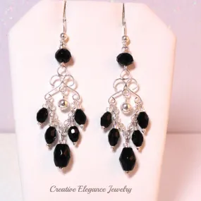 Swarovski Crystal in Jet, Chandelier Earrings, set in 92.5 Sterling Silver