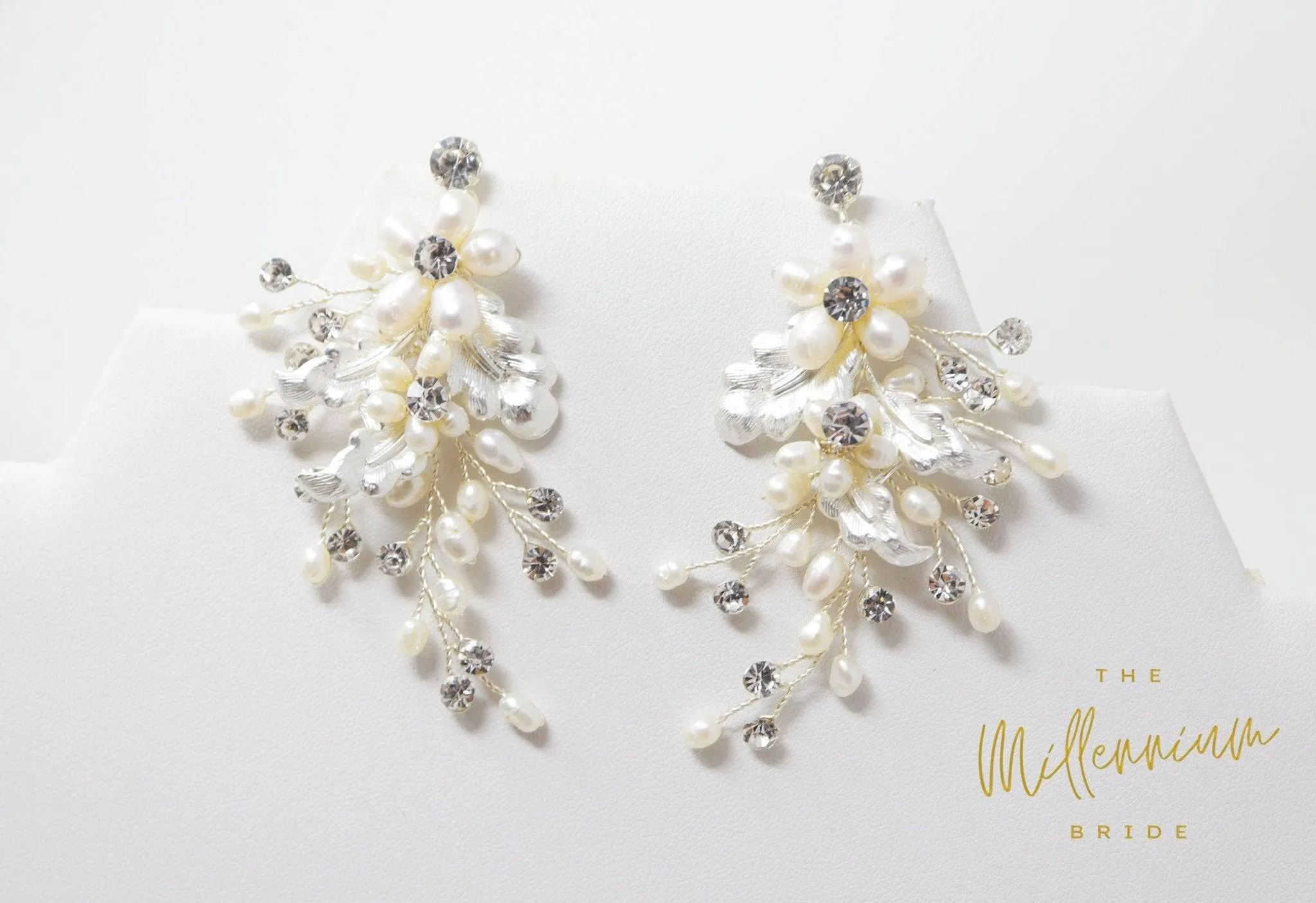 Swarovski Freshwater Pearl Chandelier White Flower Drop Crystal Earrings, Long Bridal Jewelry Crystal Bridal Earrings Statement Earrings