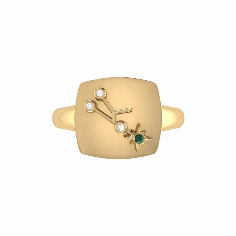 Taurus Bull Emerald & Diamond Constellation Signet Ring in 14K Yellow Gold Vermeil on Sterling Silver