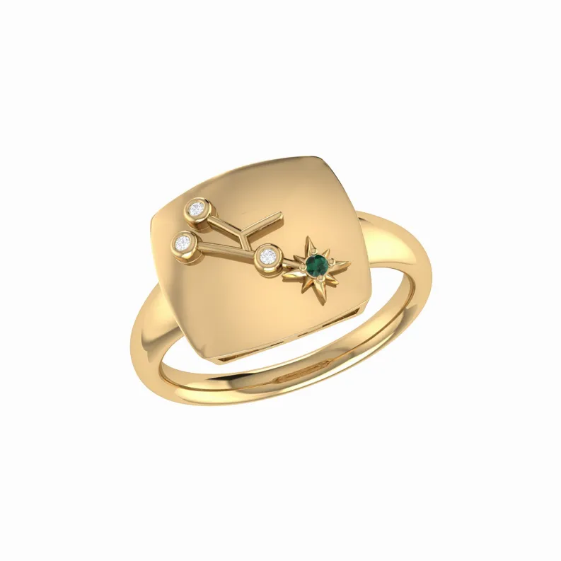 Taurus Bull Emerald & Diamond Constellation Signet Ring in 14K Yellow Gold Vermeil on Sterling Silver